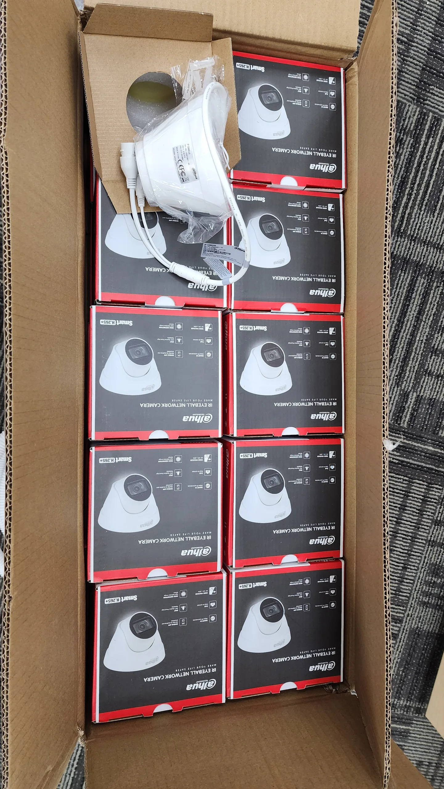 Box filled with packaged dome cameras.