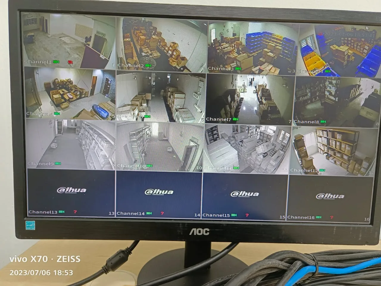 CCTV monitor displaying multiple views of a retail interior.