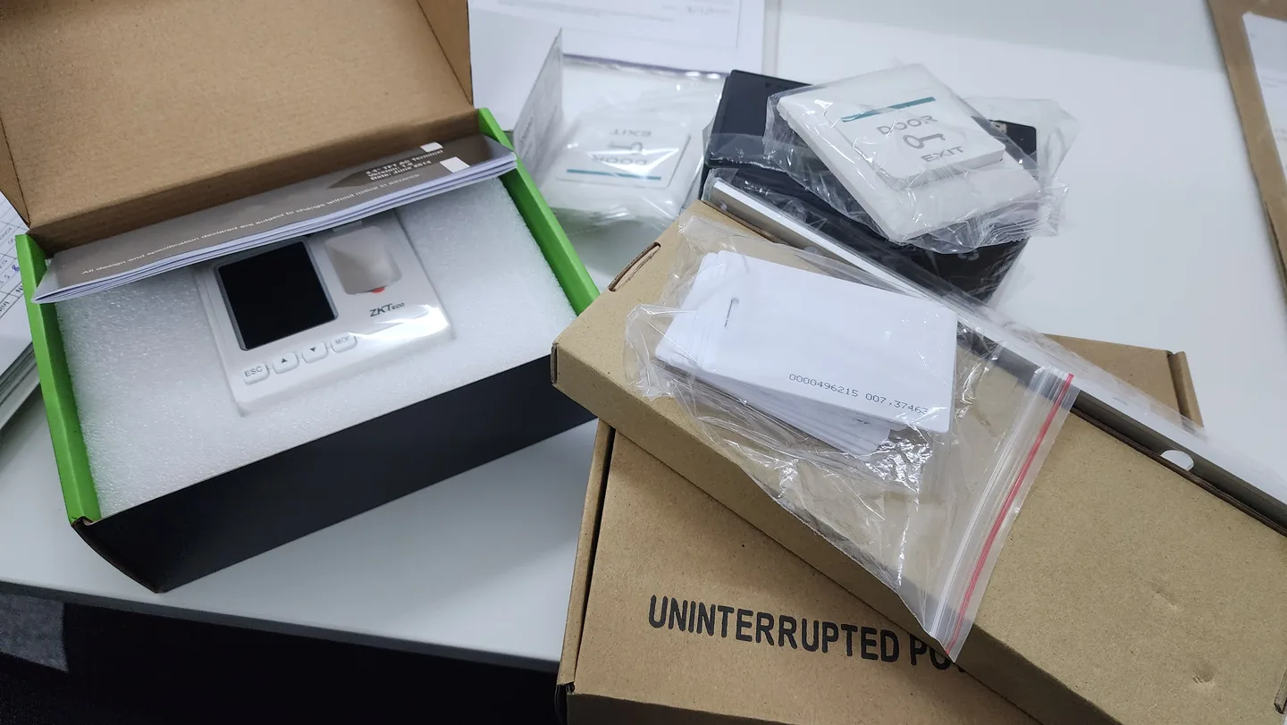 Boxed access-control equipment and a backup power supply.