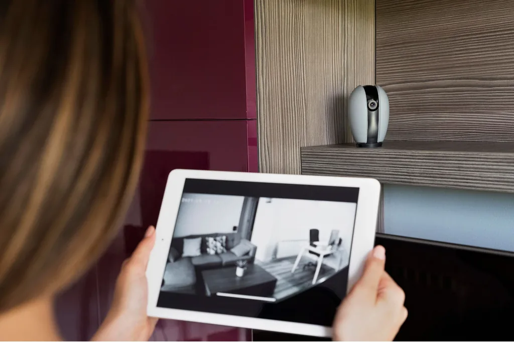 Person viewing a home camera feed on a tablet