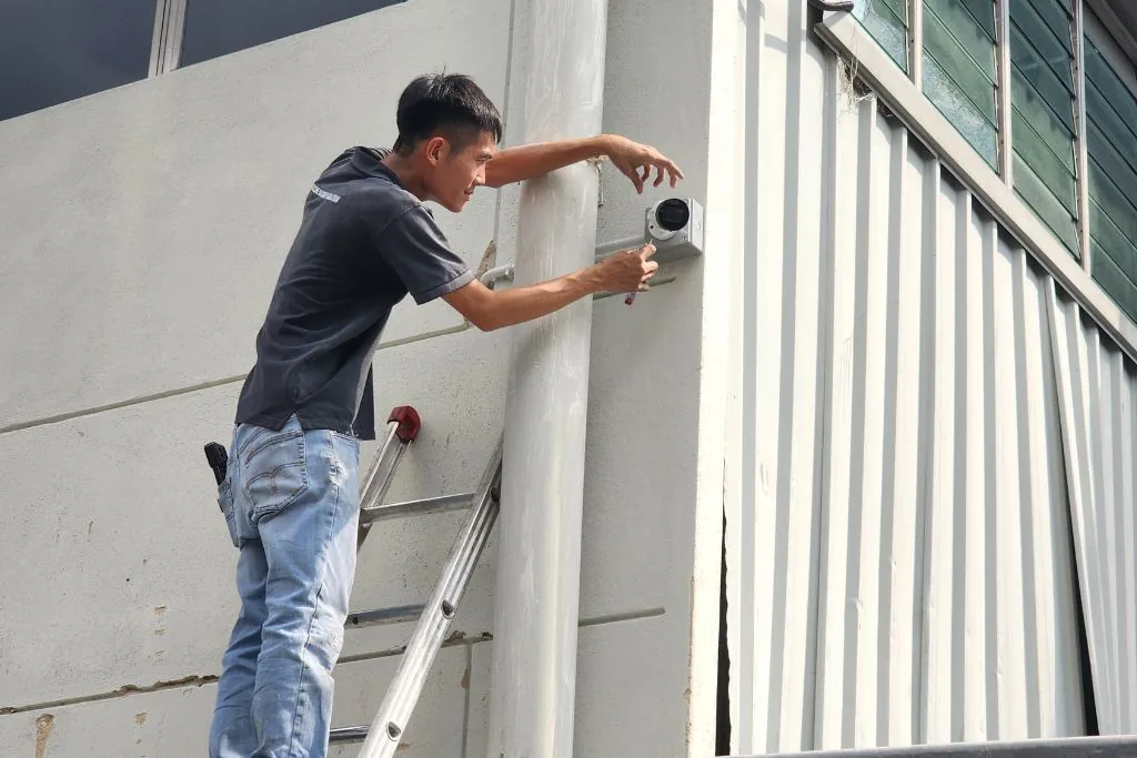 Technician installing a CCTV camera on an exterior wall